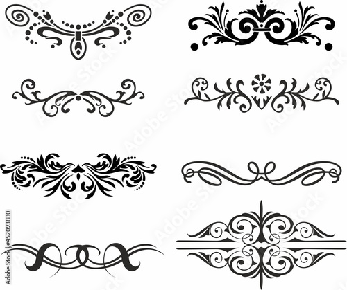 Vector set of monograms, heraldic ornaments. Designer text dividers. Patterns from lines. Letter border 