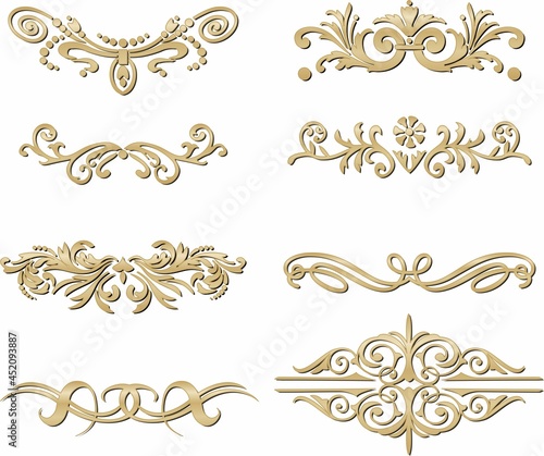 Vector set of gold monograms, heraldic ornaments. Designer text dividers. Patterns from lines. Letter border