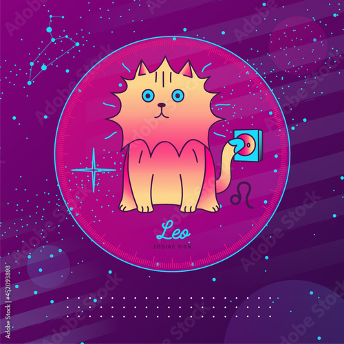 Modern magic witchcraft card with astrology Leo zodiac sign. Cartoon zodiac sign. Funny cat