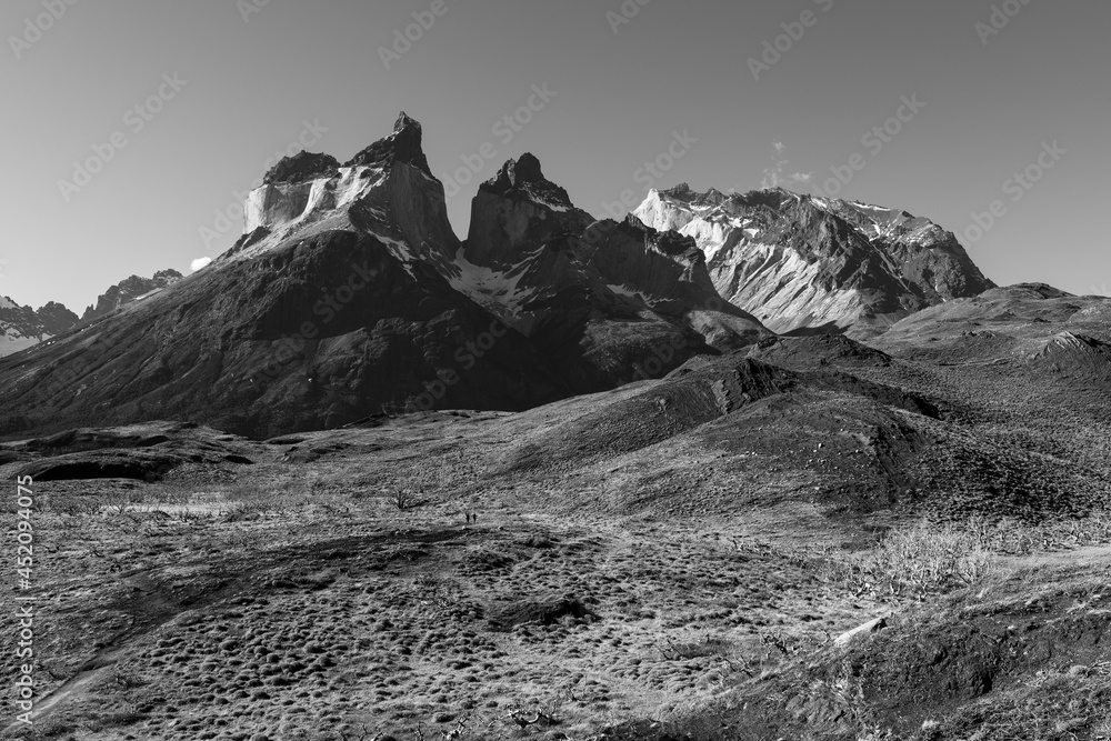 Cuernos del Paine peaks in black and white, Torres del Paine national park, Patagonia, Chile. Cuernos del Paine peaks in black and white, Torres del Paine national park, Patagonia, Chile.