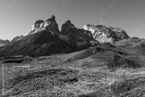 Cuernos del Paine peaks in black and white, Torres del Paine national park, Patagonia, Chile. photo
