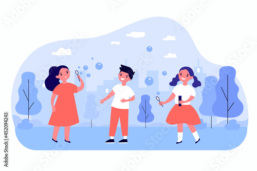 Cute cartoon children blowing soap bubbles outside together. Happy kids having fun in park flat vector illustration. Childhood, outdoor activity concept for banner, website design or landing web page