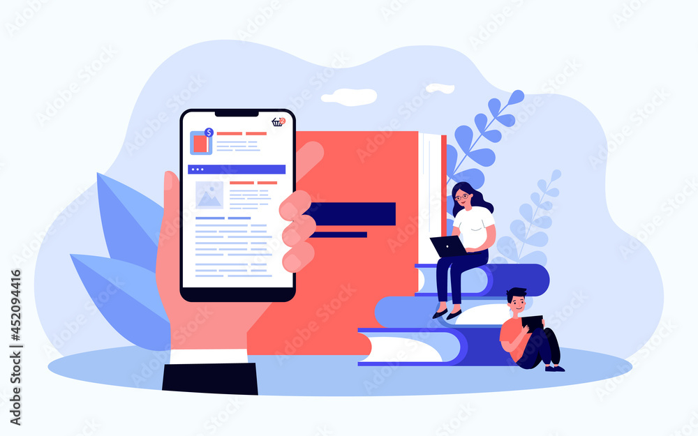 Fototapeta premium Hand holding smartphone with app for online ordering. Flat vector illustration. Ordering photo album or printing pictures on store website. Technology, photography, family, memory concept for design