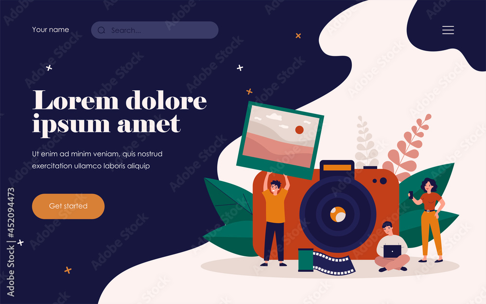 Obraz premium Tiny people taking photo flat vector illustration. Cartoon guy holding full picture. Big camera on background. Artistic occupation and photography courses concept