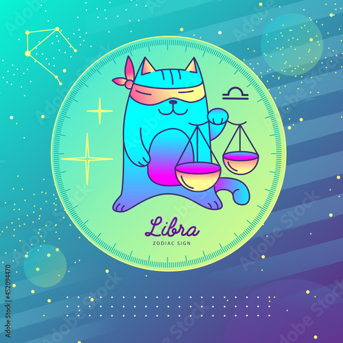 Modern magic witchcraft card with astrology Libra zodiac sign. Cartoon zodiac sign. Funny cat