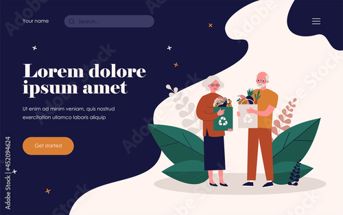 Senior couple shopping with reusable bags. Old people with paper bags with organic food flat vector illustration. Healthy eating, waste recycling concept for banner, website design or landing web page