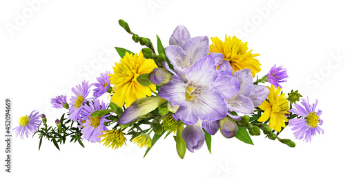 Purple freesias yellow rudbeckia and chrysanthemum flowers in a line floral arrangement isolated