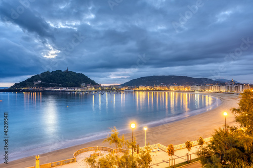 View of La Concha beach in San Sebastian, Spain, at dawn