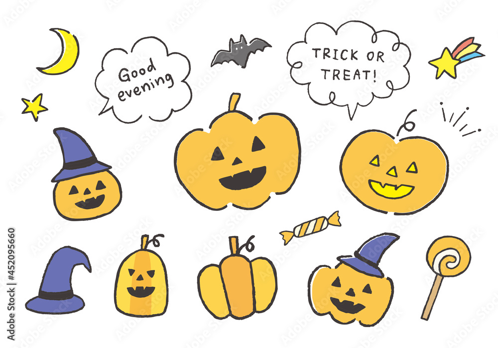 Fototapeta premium ハロウィンかぼちゃの手描きイラストセット