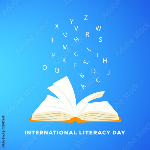 International literacy day banner with opened book and flying alphabet