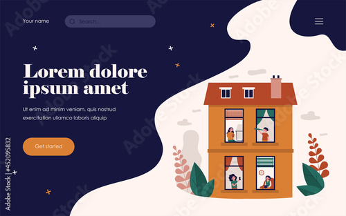 Neighbors enjoying leisure time at home. View through window, people practicing hobby flat vector illustration. Tenement house, neighborhood concept for banner, website design or landing web page