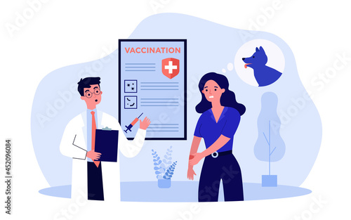 Woman bitten by dog getting injection to prevent disease. Worried female character consulting doctor flat vector illustration. Vaccination, rabies concept for banner, website design or landing page