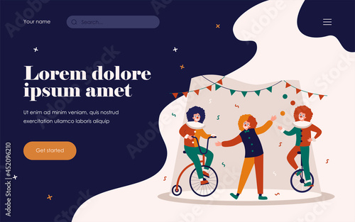 Clowns performing on circus arena, riding bike, juggler balancing on monocycle. Vector illustration for joker, comedy show, performance, fun fair concept