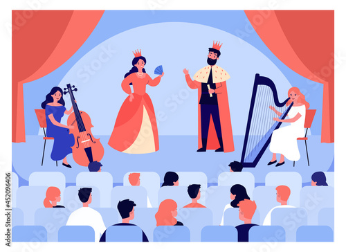 Theatrical performance, view from auditorium. Flat vector illustration. Spectators sitting in armchairs, watching musical with actors in costumes and musicians on stage. Theater, entertainment concept