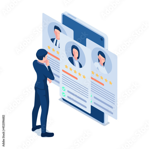 Isometric Businessman Looking at Online Resume on Smartphone