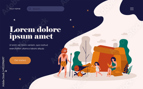 Happy ancient family preparing food flat vector illustration. Cartoon prehistoric cavemen making tools and keeping fire burning. Stone age and history concept