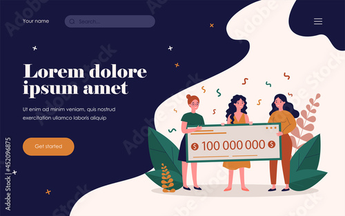 Happy lottery winners with huge bank check. Celebrating win, money prize, trophy flat vector illustration. Luck, fortune, success concept for banner, website design or landing web page