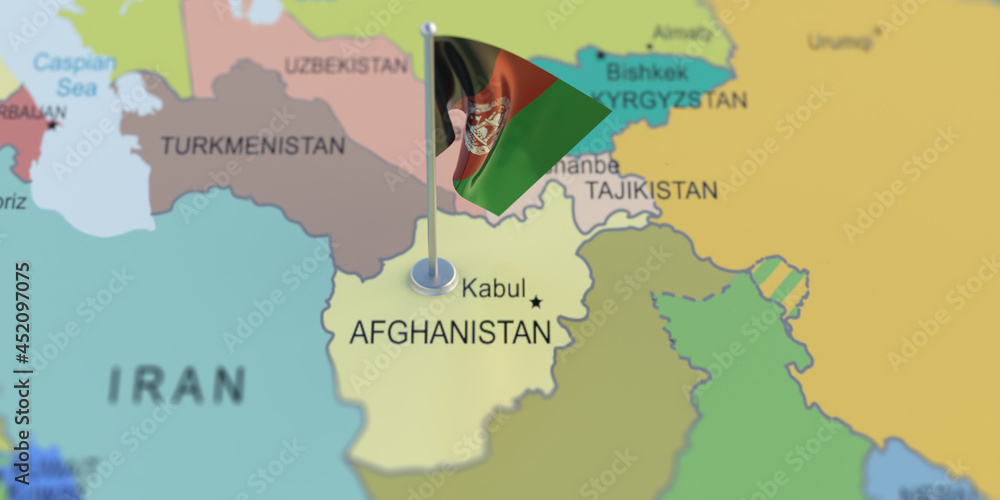 Fototapeta premium Afghanistan flag on World atlas map. Islamic Republic of Afganistan. 3d illustration.