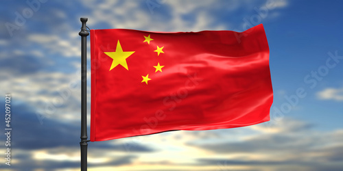 China national flag waving on blue sky background. 3d illustration