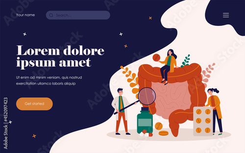 Tiny doctors checking and treating large intestine flat vector illustration. Cartoon inflammation in digestive system. Medicine and health concept