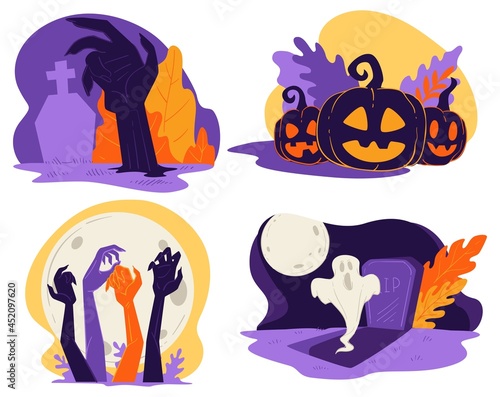 Halloween holiday, graveyard and carved pumpkin