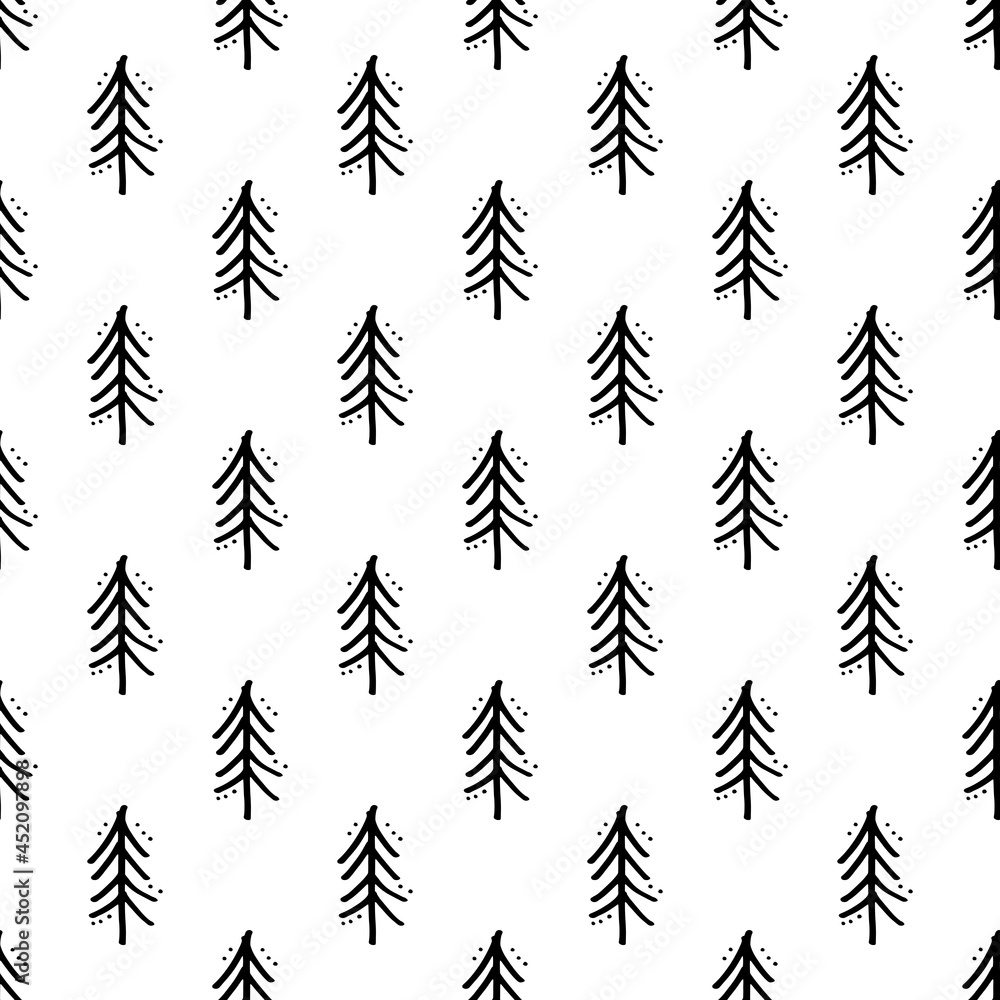 Pine trees. Black and white seamless pattern for wrapping, fabric and other design.
