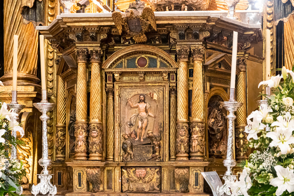Ponferrada, Spain. Main altar with the Resurrection of Jesus inside the Basilica of La Encina, a Renaissance and Baroque Christian church