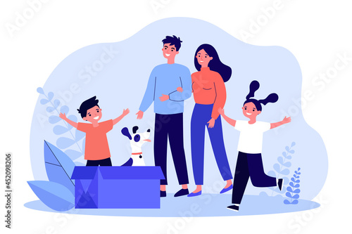 Happy family adopting cute dog sitting in cardboard box. Parents and kids smiling while looking at homeless puppy flat vector illustration. Family, pets, adoption concept for banner, website design