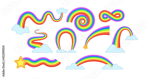 Cute rainbows cartoon illustration set. Childish rainbow with stars and clouds on its tails isolated on white background. Weather, sky, patch concept