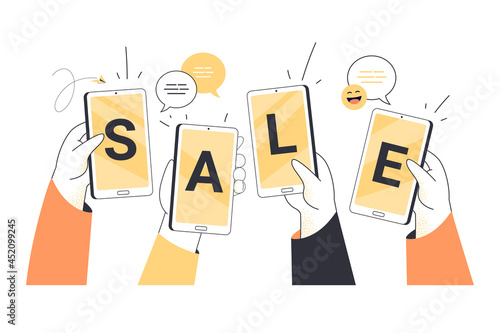 Hands holding mobile phones with SMS and big letters on screens. People using smartphones for calls, paying, connecting to Wi-Fi flat vector illustration. Sale, marketing, communication concept