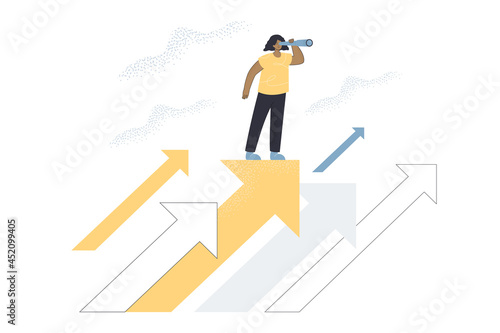 Tiny female person with spyglass looking for job opportunities. Business strategy, career change or direction, positive outlook flat vector illustration. Success, future vision, life goal concept