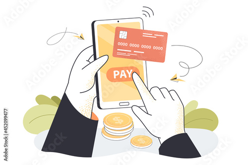 Hand holding phone and making purchase using credit card. Person touching button on digital banking app flat vector illustration. Online shopping, electronic commerce, money concept for website design