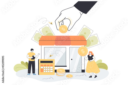 Tiny bankrupt business people getting subsidy from government. Financial help, grant from business partners flat vector illustration. Government support, assistance concept for banner, website design photo