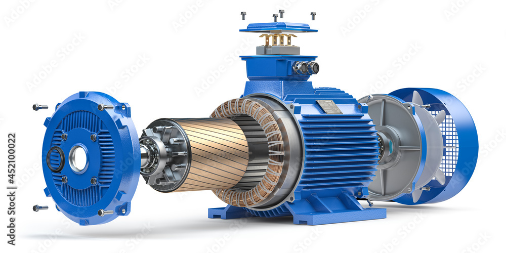 Electric motor parts and structure isolated on white background. - obrazy, fototapety, plakaty 