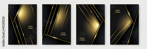 Modern black cover design set. Luxury creative line pattern in premium colors: black, gold and white. Formal vector for notebook cover, business poster, brochure template, magazine layout