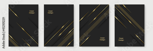Modern black cover design set. Luxury creative line pattern in premium colors: black, gold and white. Formal vector for notebook cover, business poster, brochure template, magazine layout