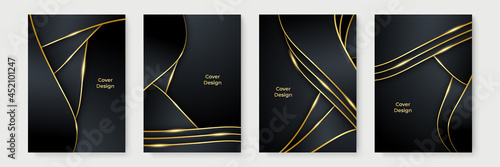 Modern black cover design set. Luxury creative line pattern in premium colors: black, gold and white. Formal vector for notebook cover, business poster, brochure template, magazine layout