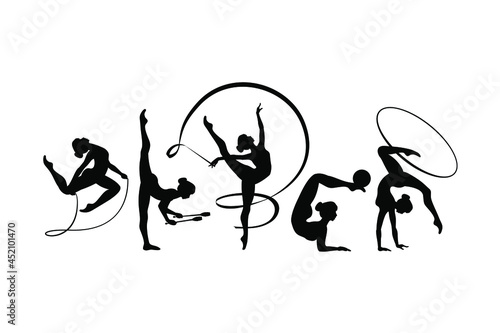 Rhythmic gymnastics girls with different inventory. Vector dancer silhouettes black on white