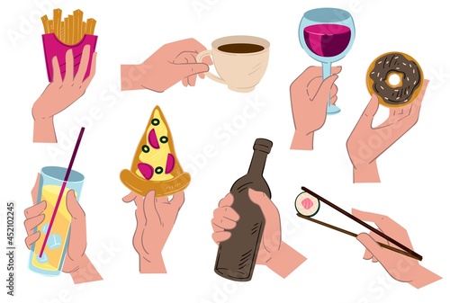 Hands holding food and drinks, coffee and pizza