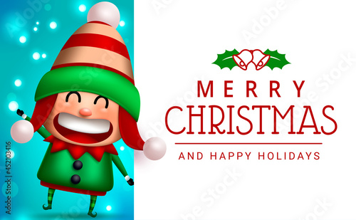 Christmas elf vector template design. Merry christmas greeting text in white empty space with elf kid character in friendly expression for xmas celebration card. Vector illustration.

