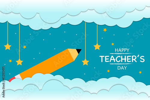Happy Teacher's Day Pencil Cloud Papercut Style