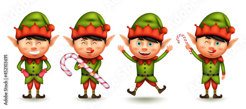 Elf christmas character vector set. Little boy 3d elves characters with smiling expression in jumping and holding candy cane gestures for xmas graphic design collection. Vector illustration.
