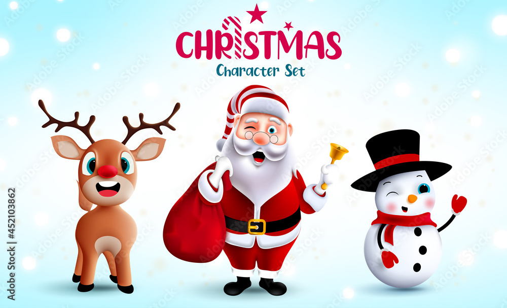 Christmas characters vector set. Santa claus, reindeer and snowman 3d christmas character with cute and friendly facial expressions for xmas season design collection. Vector illustration.
Christmas characters vector set. Santa claus, reindeer and snowman 3d christmas character with cute and friendly facial expressions for xmas season design collection. Vector illustration.