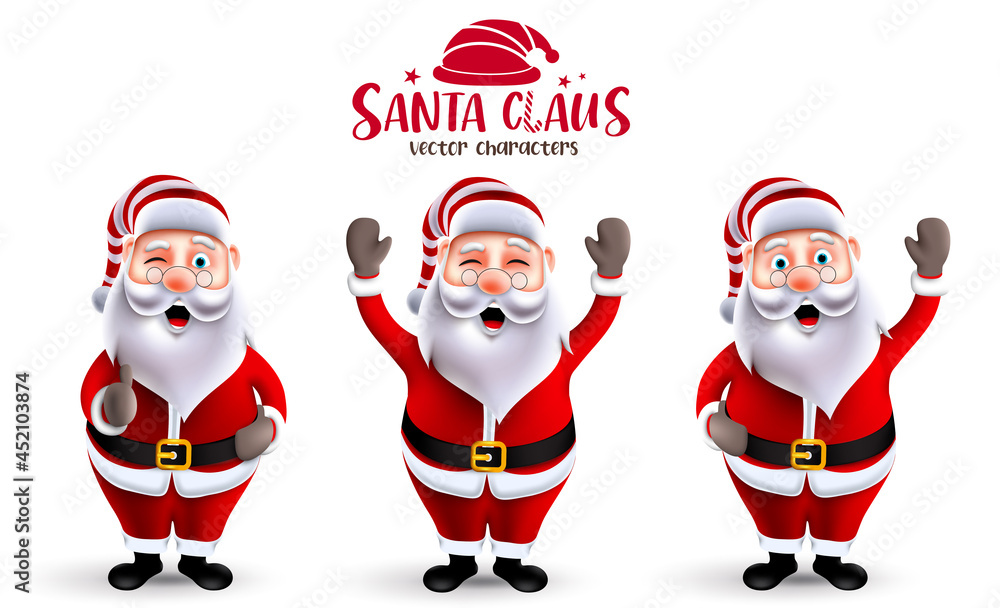 Fototapeta premium Santa claus christmas character vector set. Santa claus 3d characters in happy facial expressions with standing, waving and okay gestures for xmas season collection. Vector illustration. 