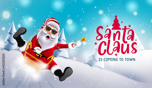 Christmas santa vector background design. Santa claus is coming to town text with christmas character sliding and riding sleigh in snow for xmas season celebration. Vector illustration.
 photo
