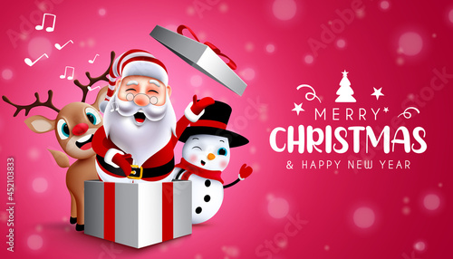 Christmas characters vector background design. Merry christmas and happy new year text with santa claus, reindeer and snowman singing carol in gift box for xmas greeting card. Vector illustration.
