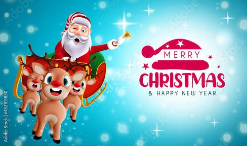 Christmas greeting vector background design. Merry christmas text with reindeer and santa claus character flying and riding sleigh for xmas holiday season. Vector illustration.
 photo