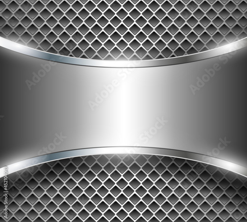 Silver metal 3D background, lustrous and shiny chrome metallic design with interesting holes pattern, vector illustration.