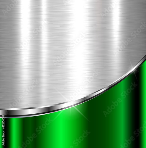 Elegant metallic background with silver green chrome brushed metal texture, vector design.