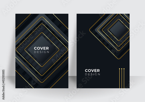 Modern black stripe cover design set. Luxury creative gold dynamic line pattern. Formal premium vector background for business brochure, poster, notebook, menu template. Gold black A4 cover template